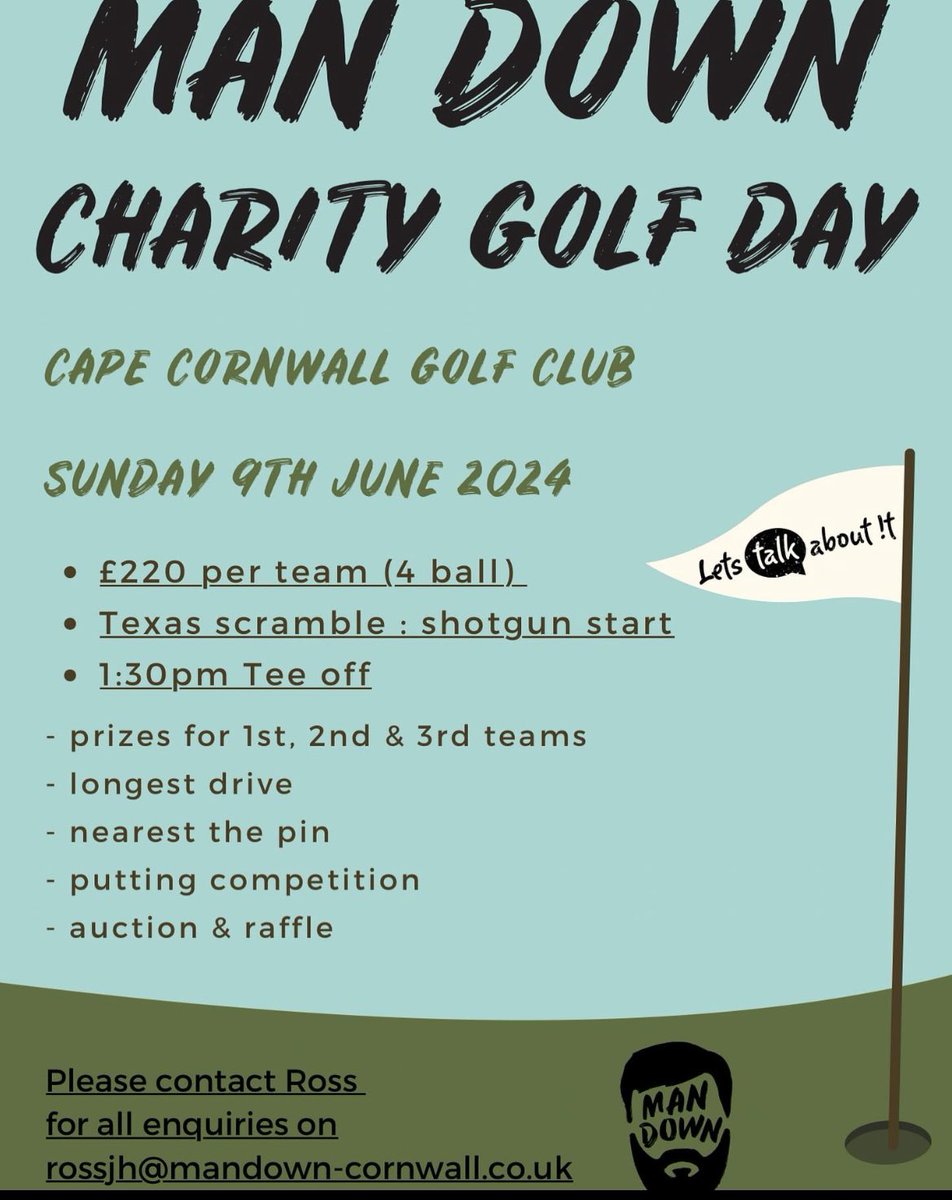 Attention please share 🙌🏻 Calling all golfers 🏌️‍♂️ We are pleased to announce that our 2024 charity golf day will be held at Cape Cornwall golf club . 📆 Sunday 9th June 📍Cape Cornwall Golf club. ⛳️ Texas scramble format ⏰ 1:30 pm Shotgun start 💰 £220 team of 4…