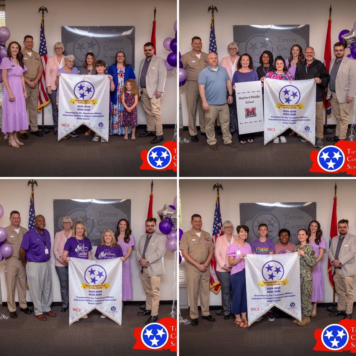 Special thanks to the TN Military Interstate Children's Compact Commission State Council for presenting banners to thirteen @TCSchools_ that were recognized as Purple Star Schools. We appreciate our military students and their families! Thank you for your service 🇺🇸
