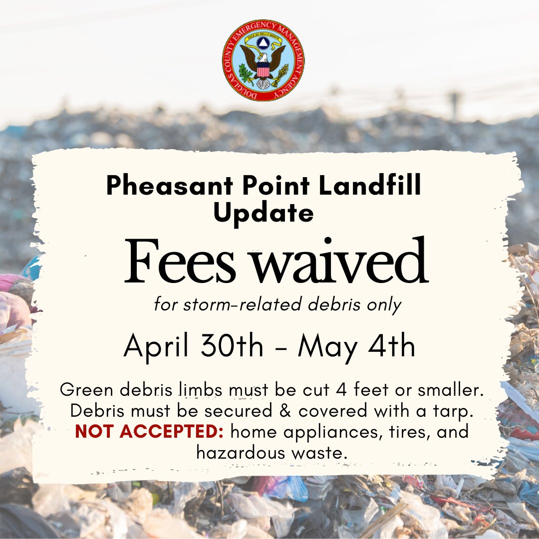 Today, the Douglas County Board approved waiving fees for storm-related debris dropped off at the Pheasant Point Landfill through Saturday, May 4, 2024. The Pheasant Point Landfill is located at 13505 N 216 St. in Bennington. #greendebris #StormRecovery #tornado #douglascounty