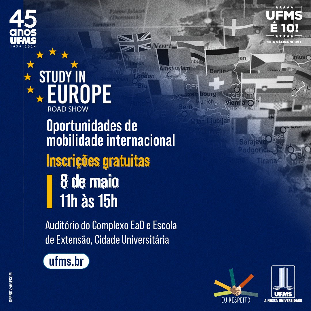 Compartilhe com seus amigos! 📣📣📣 Seis capitais brasileiras recebem o Study in Europe Road Show 2024, evento itinerante que apresenta oportunidades de mobilidade internacional na Europa, e uma delas é Campo Grande, aqui na UFMS. Quer saber mais? Leia: link.ufms.br/PBcUq