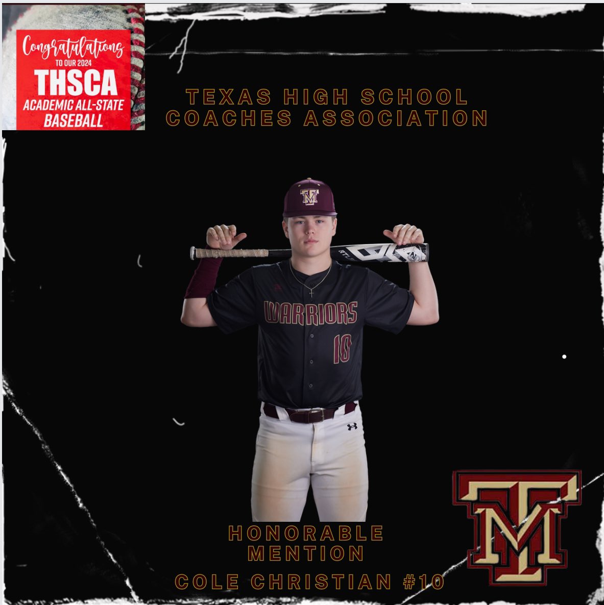 Congratulations @TMWarriorBSBL Cole Christian @THSCAcoaches Academic All-State #ShowTime