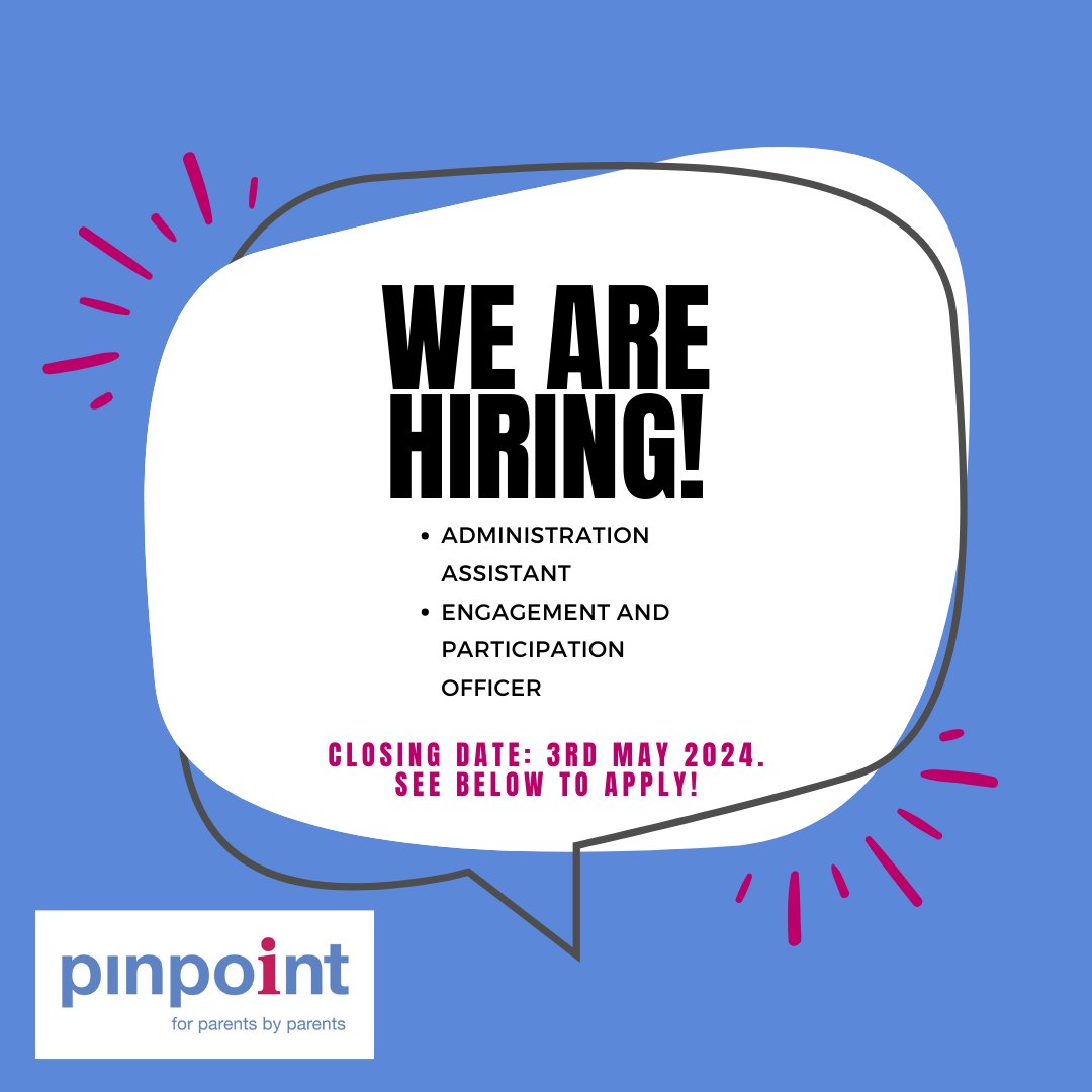 The Pinpoint Team is recruiting! We're on the lookout for an Administration Assistant (ow.ly/u6zO50Rimxf) and an Engagement and Participation Officer (ow.ly/3fwt50Rimxb). Check out the links for how to apply. Closing date: 03/05/24 #JoinOurTeam #PinpointFamily #SEND