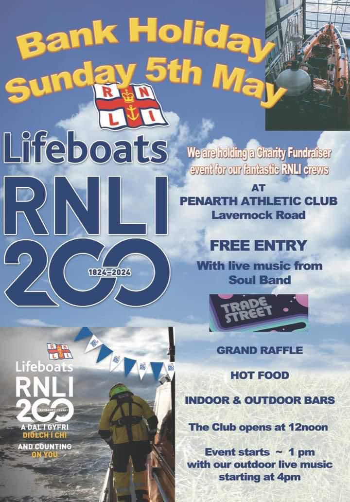 This Sunday, 5 May, we’re off to @PenarthClub to help @PenarthRFC celebrate their promotion and raise funds for @RNLIPenarth 

Live music from Trade Street from 4pm

All welcome.

Please share #community #Penarth #SavingLivesAtSea #RNLI #RNLI200