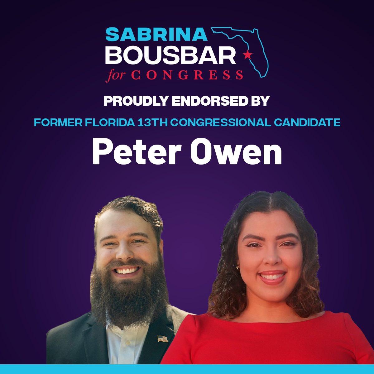 ‘Sabrina Bousbar’s unwavering dedication to public service and unmatched experience make her exactly the kind of leader we need in Congress.’ @Peterforflorida I’m honored to earn Peter’s support & join forces to fight for our freedoms and the future we all deserve…