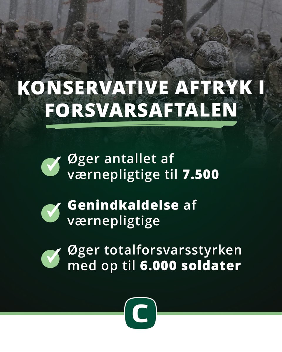 Forsvaret har altid været hjerteblod for os.

Derfor har vores udgangspunkt for forsvarsaftalen været simpel:

Danmarks Forsvar skal styrkes.

Vores aftryk i forhandlingerne betyder

✔️Antallet af værnepligtige øges til 7.500 om året.
✔️Totalforsvarsstyrken øges med 6000