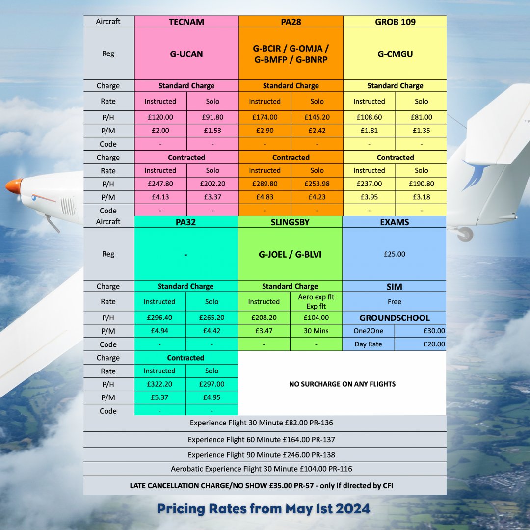 We've had to adjust our hourly rates starting tomorrow, the 1st of May. Please see the updated payment rates below. We are committed to making aviation accessible, and we will continue to work hard to provide the best possible flying experiences for all. 😊 #Aviation #Flying