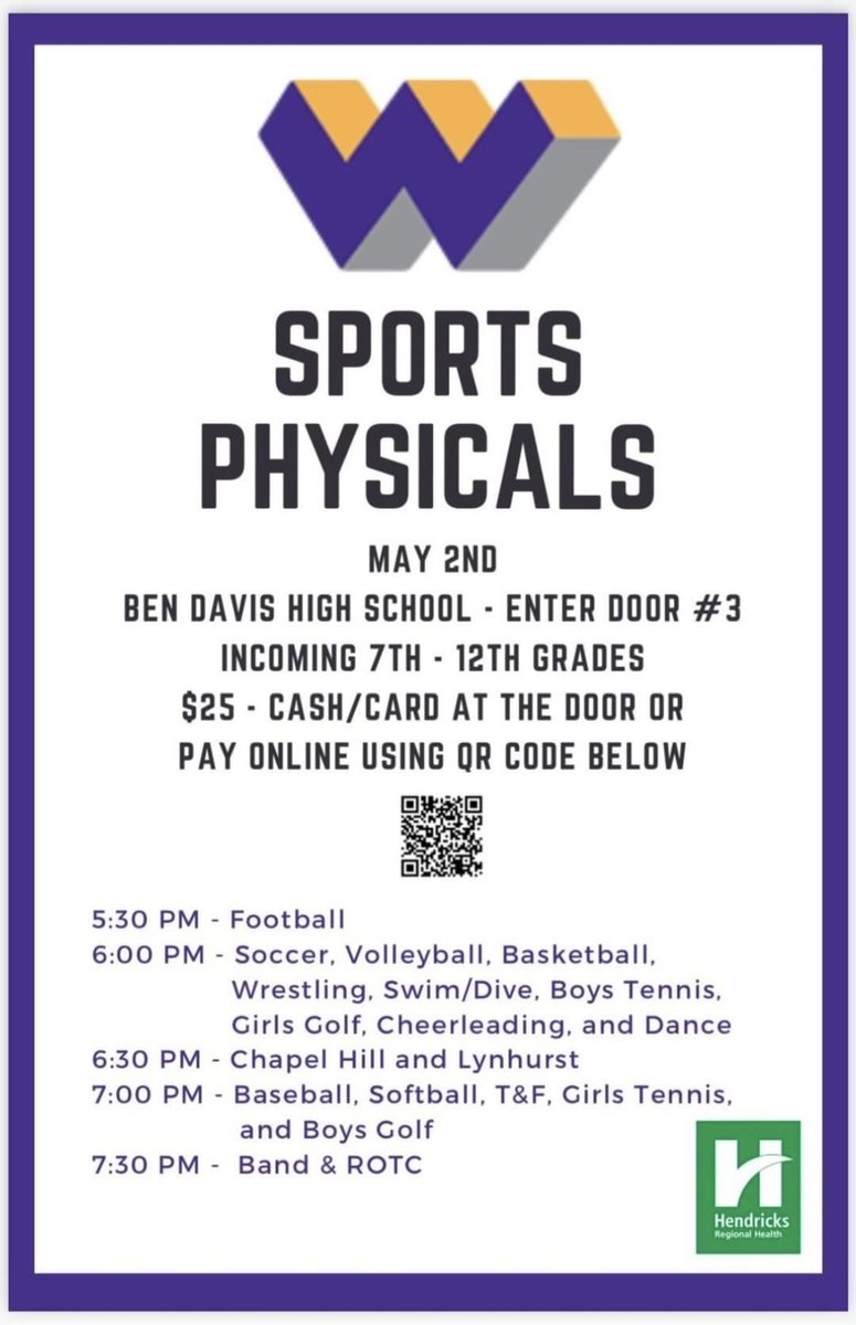 Attention Ben Davis, Lynhurst, and Chapel Hill student-athletes! Don’t forget about physical night this Thursday May 2nd. Cost is $25 information below. Get this done to able to participate this upcoming school year. #WeAreGIANTS #OneGIANTFamily