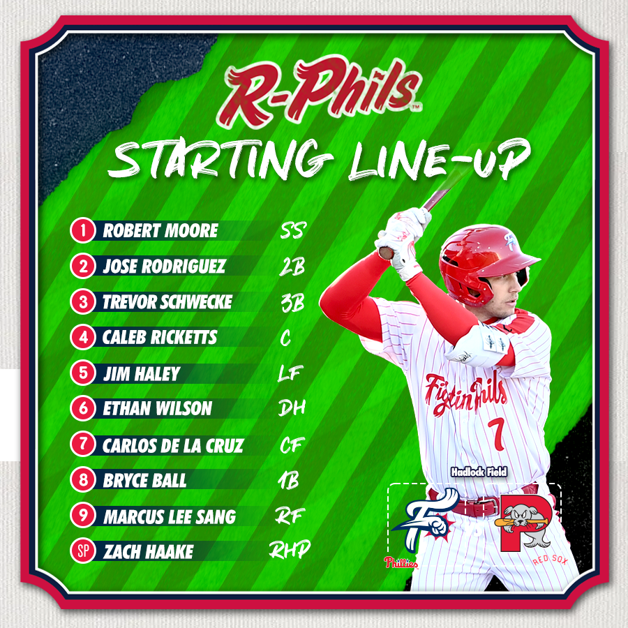 Tonight's starting lineup for the Fightins series opener in Portland! 🆚 @PortlandSeaDogs 📍 Hadlock Field (Portland, ME) ⏰ 6:00 PM 📓 bit.ly/FightinsNotes 📺 bit.ly/WatchReading
