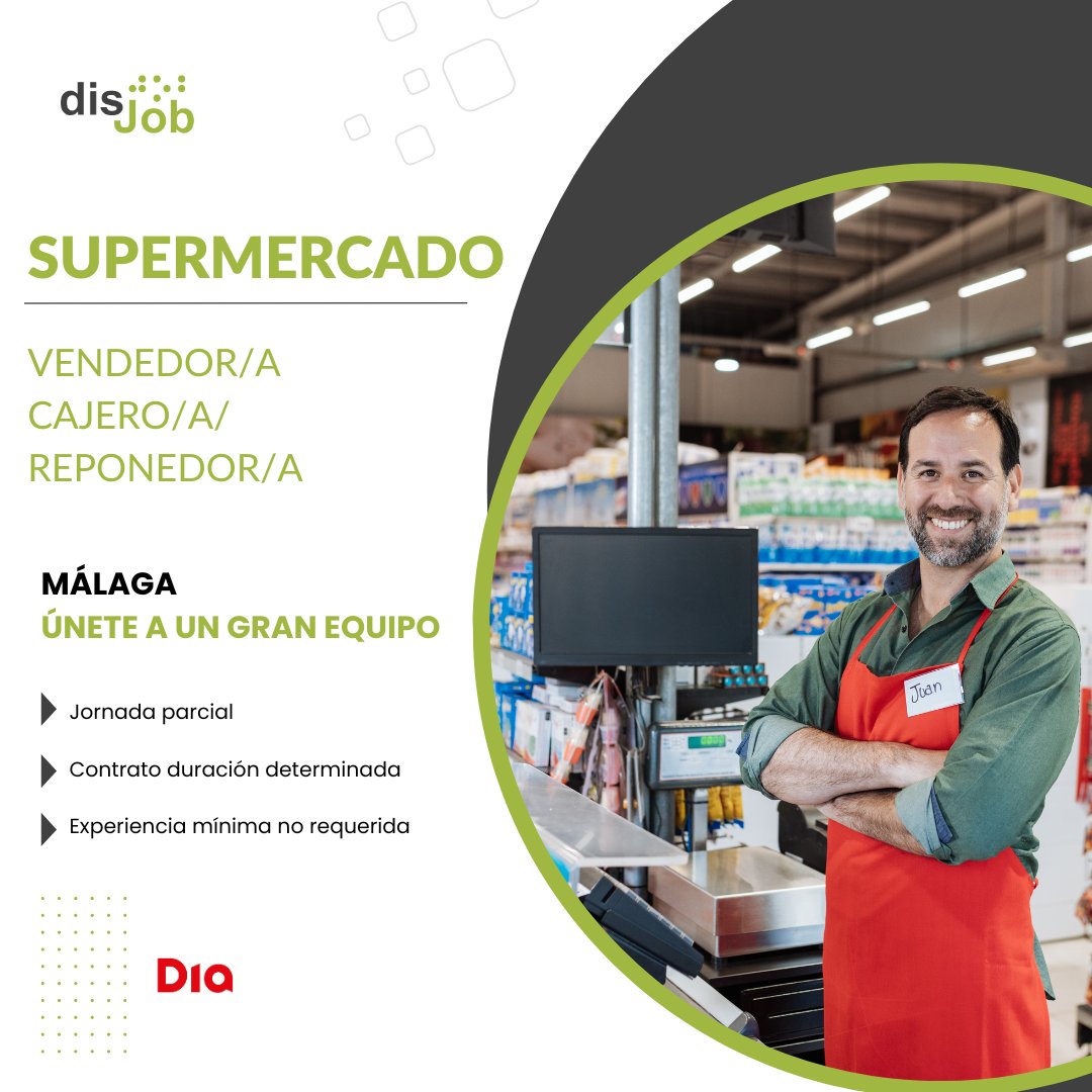 💪 ¡Únete a un gran Equipo! 

DIA busca: 
🟢 Vendedor/a Cajero/a/ Reponedor/a

¡Inscríbete! ➡️bit.ly/4arg0ml

#EmpleoDiscapacidad #ofertasdeempleo #OfertasLaborales #Ofertasdetrabajo #Empleo #Disjob #Cajero #Supermercado