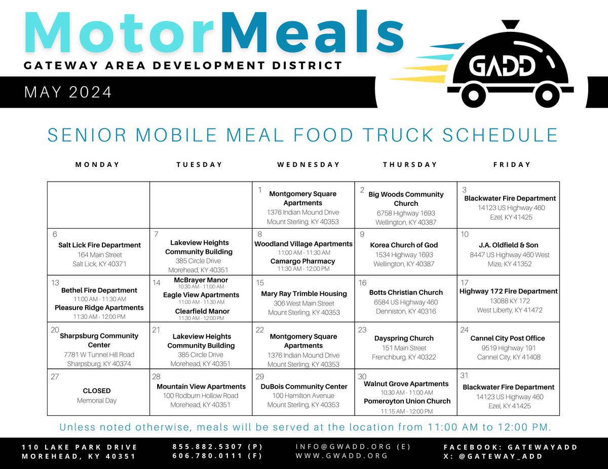 Check out our #MotorMeals schedule to find out where we’ll be in May! Seniors, join us on the road for a no-hassle lunch while you’re on the go! #SeniorMealsOnTheMove #TrackTheTruck