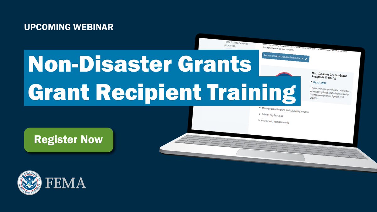 Don’t miss Non-Disaster Grants Grant Recipient Training tomorrow at 1 pm ET! This two-hour session is designed to orient grant recipients to the Non-Disaster Grants Management System. Learn more & register now⤵️ fema.gov/event/non-disa…