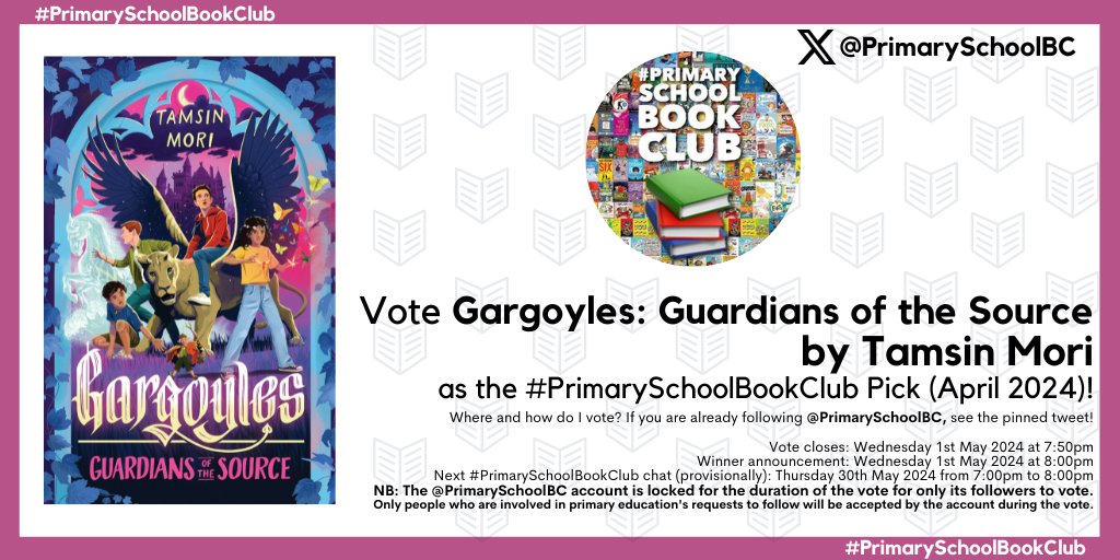 I'm delighted that Gargoyles: Guardians of the Source has been included in the #PrimarySchoolBookClub April 2024 vote this evening 🥰📚✨️ If you like gothic mystery, adventure and ancient magic, head to @PrimarySchoolBC and vote now using the pinned tweet 🙏