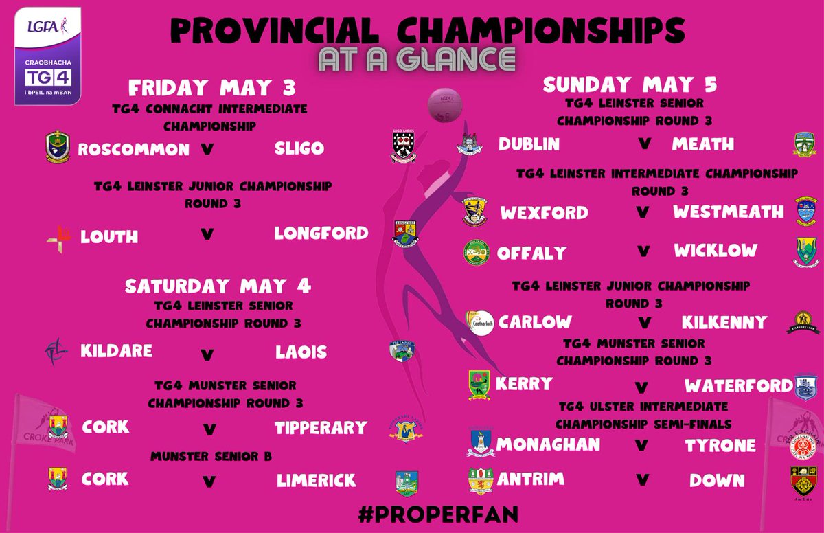 Coming 🔜 Championship action from all four provinces coming up over Friday, Saturday and Sunday! Here's what lies in store! ⬇️ @SportTG4 @TG4TV @ConnachtLGFA @LeinsterLGFA @MunsterLGFA @UlsterLadies #ProperFan