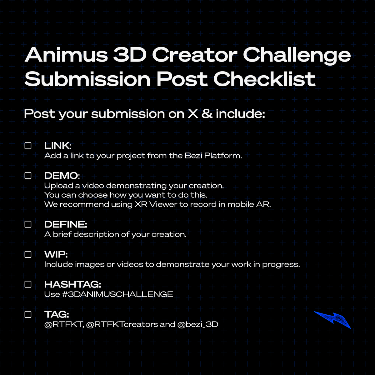 Just a few days left to submit your creations for the Animus 3D Creator Challenge x @bezi_3d 🐲✨ Use the submission checklist below to make sure you're all set 🫡 Deadline: 5PM PT | MAY 2, 2024