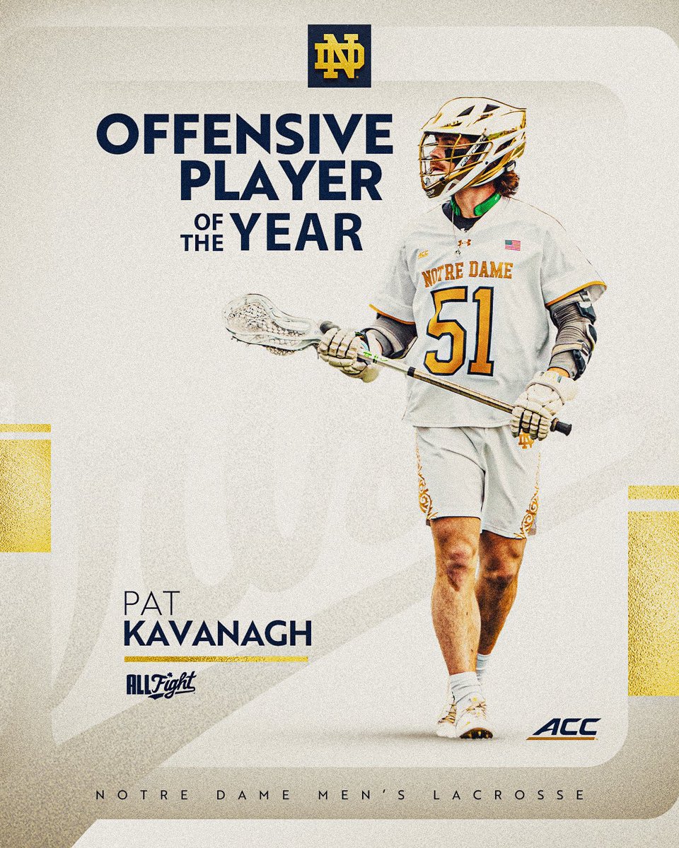 NDlacrosse's tweet photo. 𝐀𝐂𝐂 𝐎𝐟𝐟𝐞𝐧𝐬𝐢𝐯𝐞 𝐏𝐥𝐚𝐲𝐞𝐫 𝐨𝐟 𝐭𝐡𝐞 𝐘𝐞𝐚𝐫

Pat Kavanagh has earned the honor following an incredible regular season, leading the #1 Irish attack with 53 points (19G, 34A).

#GoIrish☘️ https://t.co/k5o0SiRjuL