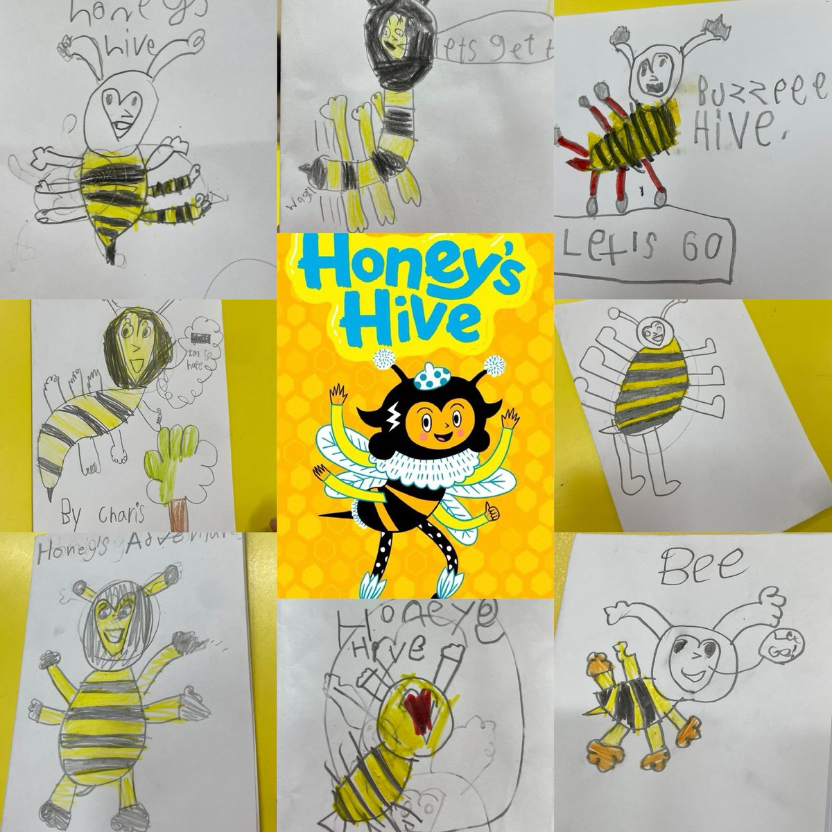 Having a wonderful week doing Honey's Hive workshops! Lots of young creative writers + illustrators out there. And lots of fun waggle dancing too! 🐝 @AyaKakeda @AndersenPress @AuthorsAbroad_