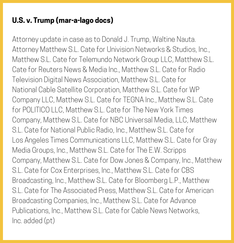 New minute entry in U.S. v. Trump (mar-a-lago docs): Attorney update in case as to Donald J. Trump, Waltine Nauta. Attorney Matthew S.L. Cate for Univision Networks & Studios, Inc., Matthew S.L. Cate for… [full entry below 👇] Docket: courtlistener.com/docket/6749007… #CL67490070