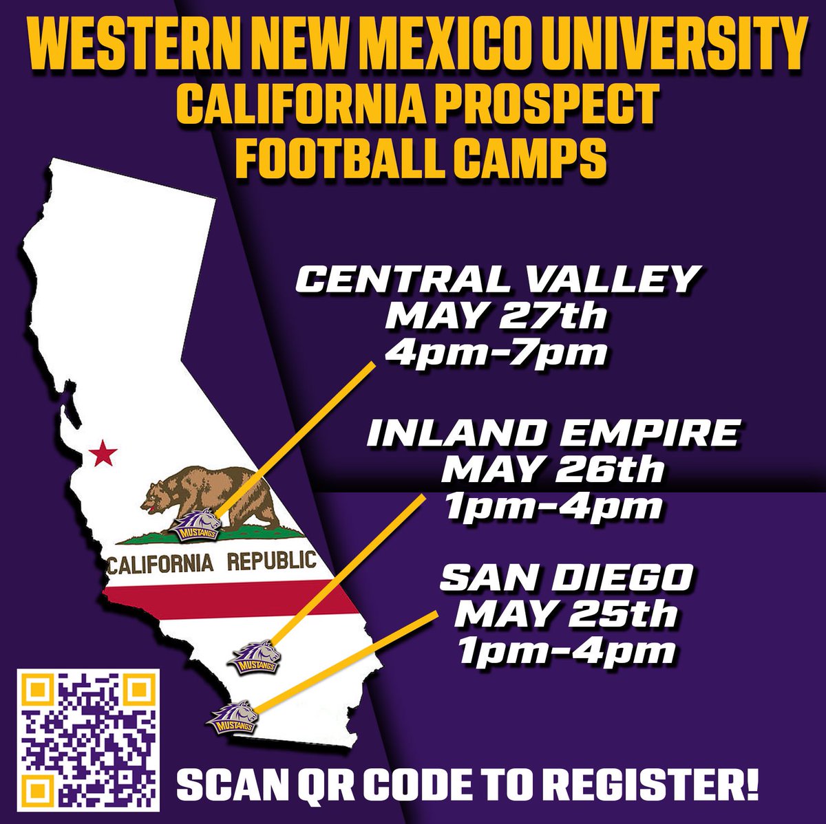 🚨🚨SOUTHERN CALIFORNIA🚨🚨 We are coming camping to a city near you! Sign up for camps and reserve your spot to work with the BEST COACHES IN THE WEST today! 🐎⚪️🟡🟣 #Mustangs #RareBreed