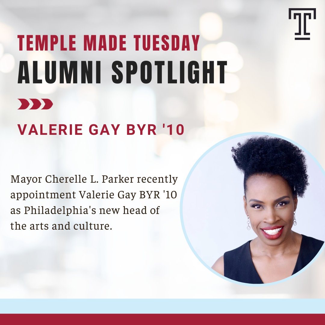 Mayor Cherelle L. Parker recently appointment Valerie Gay BYR '10 as Philadelphia's new head of the arts and culture. Submit your story or #TempleMade photo for a chance to be featured: bit.ly/3SrtFmb?