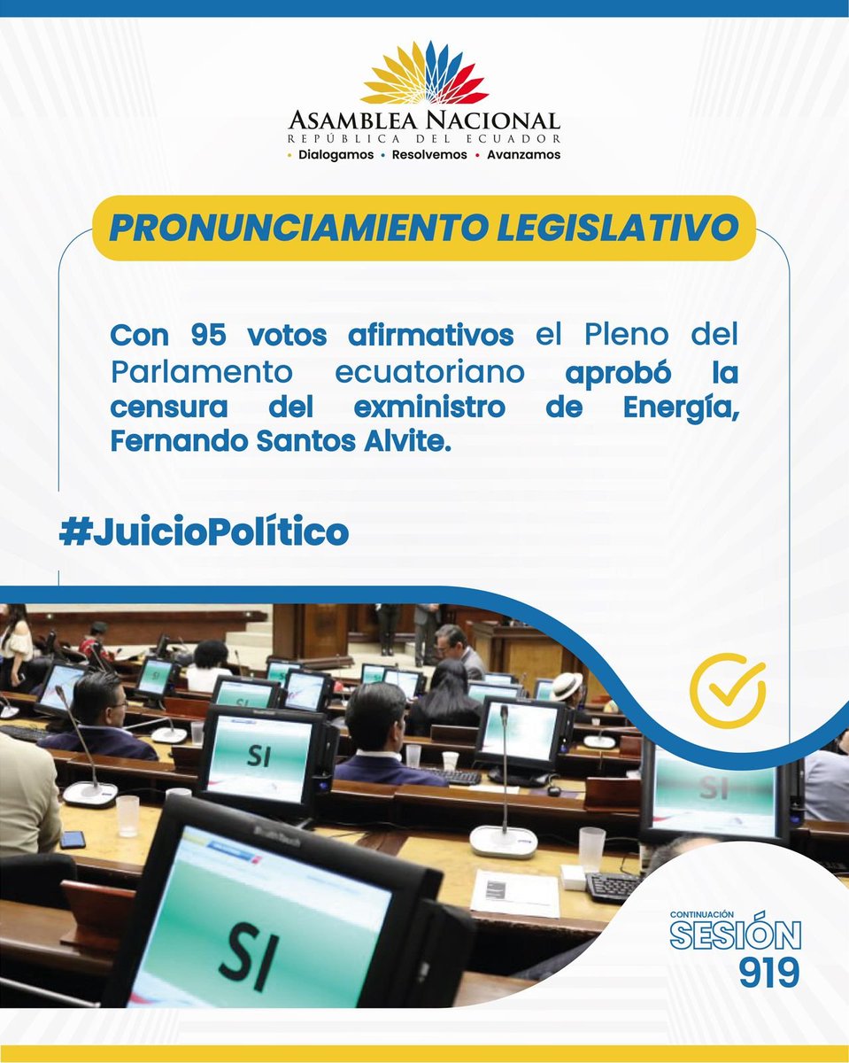 Con 95 votos afirmativos #LaNuevaAsamblea censuró al exministro de energía, Fernando Santos Alvite, por incumplimiento de funciones. Esta decisión lo imposibilita de ejercer cargos públicos por el periodo de 2 años #JuicioPolítico.