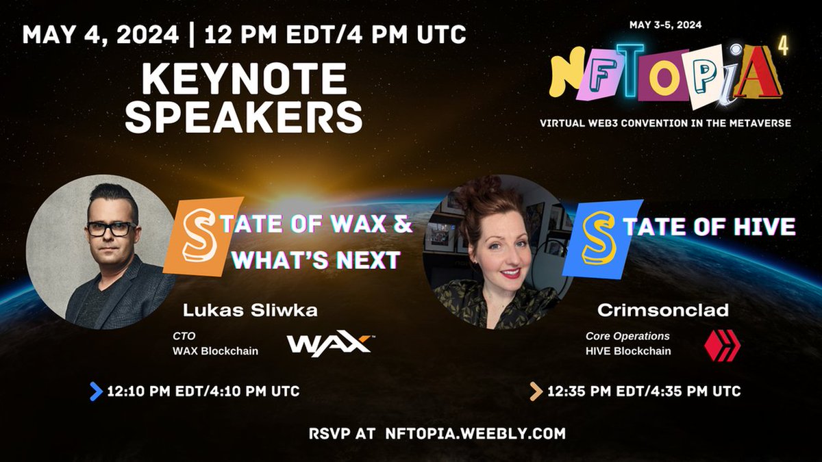 Here are the exceptional Keynote speakers at the NFTOPIA 4 Metaverse Convention -> May 3-5 2024😊 YES! The phenomenal, Lukas Sliwka - CTO at @WAX_io and, the incredible, Crimsonclad - Core Operations at @hiveblocks 🫡 If you haven't planned to attend this #metaverse experience…