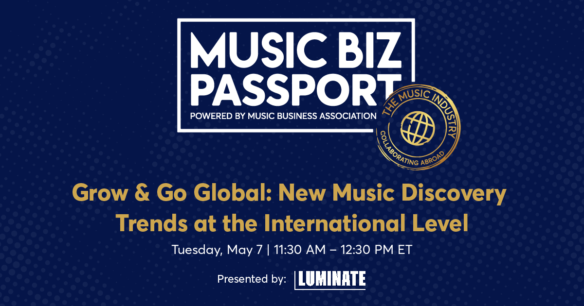 🌎 We’re globetrotting NEXT WEEK with @Luminate for the #MusicBizPassport webinar “Grow & Go Global: New Music Discovery Trends at the International Level.!' 🧳 LEARN MORE & REGISTER HERE: bit.ly/48XuFEM