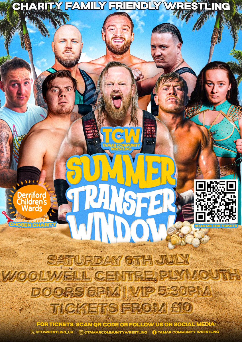 TCWrestling_UK's tweet photo. 🚨🚨POSTER ANNOUNCEMENT 🚨🚨
📆 Saturday July 6th - 6.30pm
🎥 TCW - Summer Transfer Window
🎟 TICKET LINK BELOW
TCW are delighted to return to the Woolwell Centre on July 6th this time to raise money Plymouth Hospitals Charity Derriford Children's Ward! https://t.co/8fxO8K6LiO