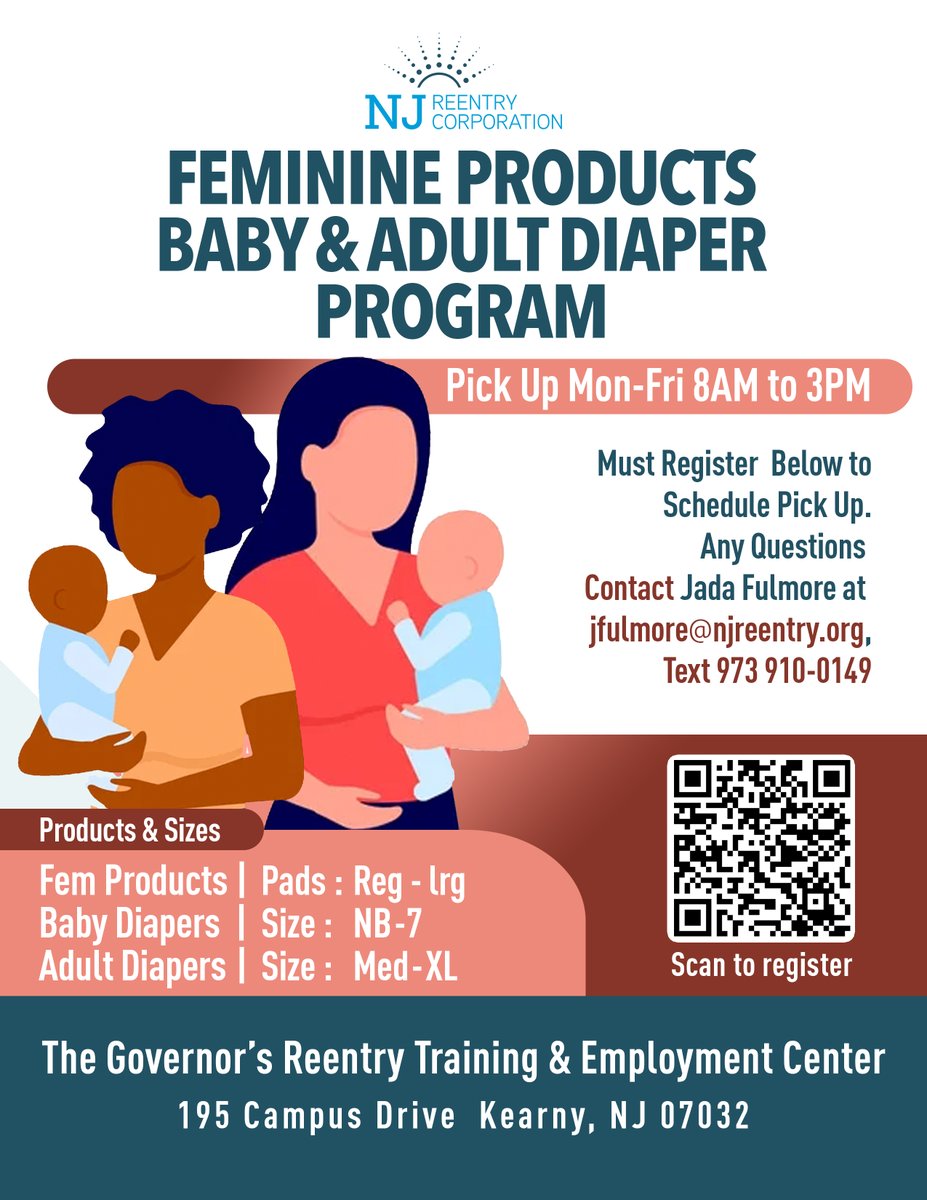 NJRC strongly supports women being released from incarceration. Women are typically released with little to no support. NJRC collects feminine products & adult/baby diapers. 1/3 of women households require diapers. Please donate now! jfulmore@njreentry.org or Text: 973.910.0149