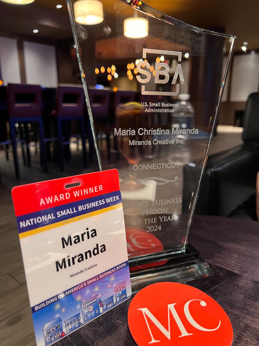 Honored to receive the Small Business Award in CT! 🏆 This award reflects our team's dedication and creativity. Here's to more milestones and shared successes! #MirandaCreative #SmallBusinessAward #ConnecticutBusiness #ThankYou
