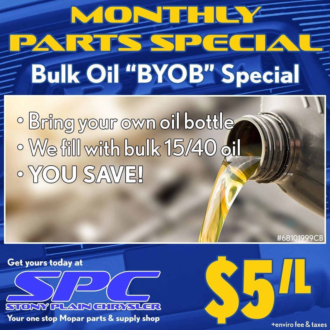 Manager's 'BYOB' Bulk Oil Special! Bring in your own oil bottle and we'll fill it with bulk 15/40 oil, passing the savings on to you! Limited quantity, while supply lasts so hurry in today.

#Oil #DieselOil #BulkOil #BYOB #OilChange #StonyPlain #SpruceGrove #ParklandCounty #YEG