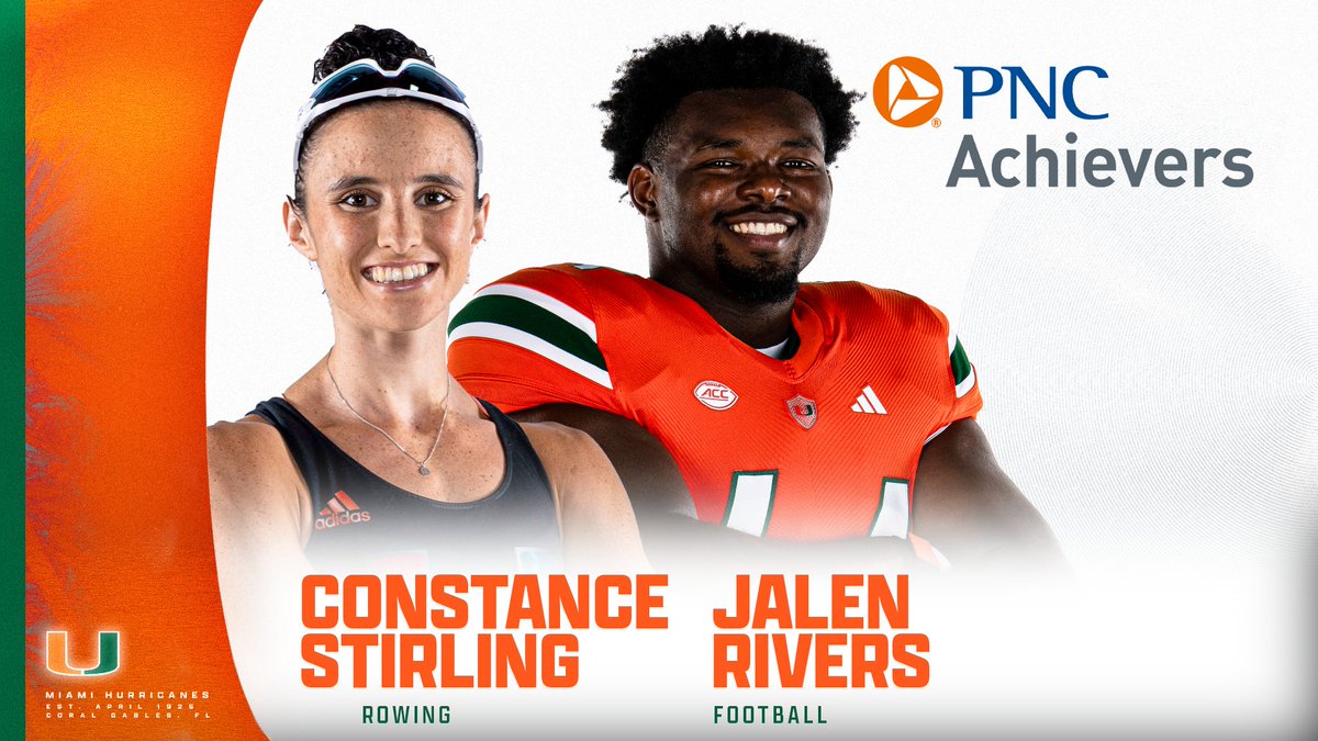 The Miami Hurricanes would like to congratulate our #PNCAchievers: Constance Stirling with @CanesRowing and Jalen Rivers with @CanesFootball. PNC Bank recognizes top student-athletes that display leadership in the classroom, in the community and in competition #GoCanes