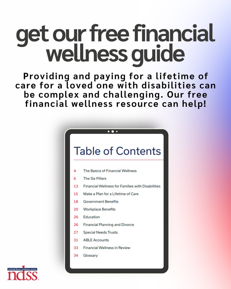 Don't let #FinancialLiteracyMonth slip away without checking out our FREE financial wellness guide! We partnered with @Voya Cares® to help empower individuals with disabilities, their families, and caregivers with knowledge about financial wellness. ndss.org/resources/fina…
