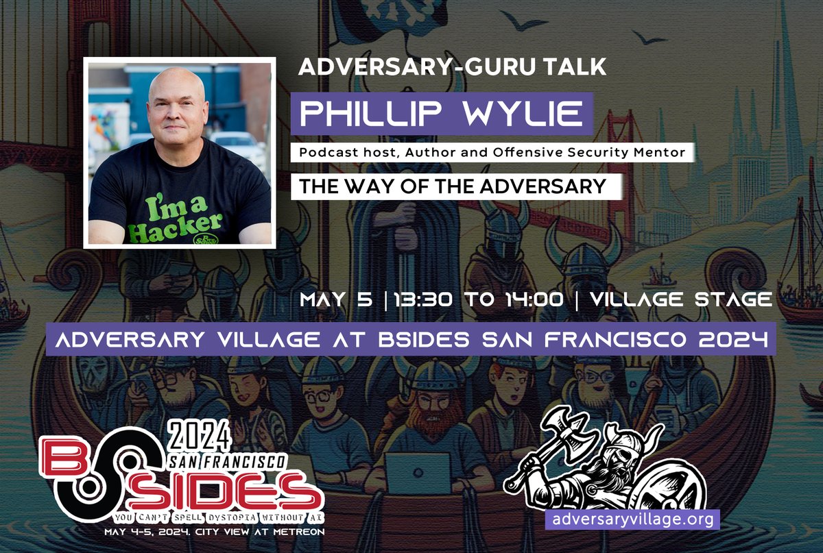 . @PhillipWylie will be presenting an #AdversaryGuru talk titled, 'The way of the Adversary'! Adversary Village at @BSidesSF Phillip doesn't need an introduction! He hosts the awesome #PhillipWylieShow Podcast, he is an author and Offensive Security Mentor. Phillip is also a…