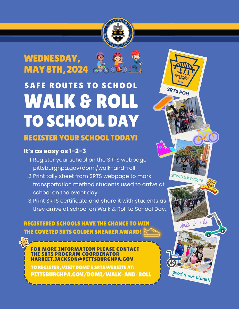 Remember to register your school for this year's Walk & Roll to School Day! For more information, visit: pittsburghpa.gov/domi/walk-and-…