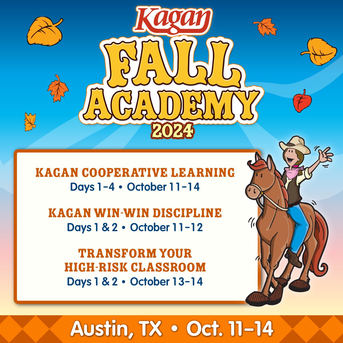 Mark your calendars! #Kagan is coming to Austin, Texas this October for our 2024 Fall Academy 🤠 Choose from our signature Cooperative Learning, Win-Win Discipline, or High-Risk Classroom training. Registration is open now, don’t miss out: kaganonline.com/workshops/fall…