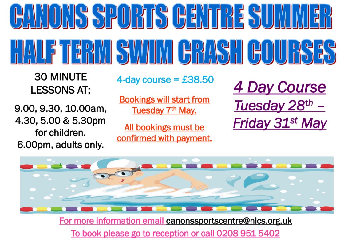 You can now book on for our May half term crash course!

Email the sports centre or give us a call to book your slot - first come first serve!

Payment is needed to reserve your space!

#swimming #holidays #camp #schoolholiday #halfterm