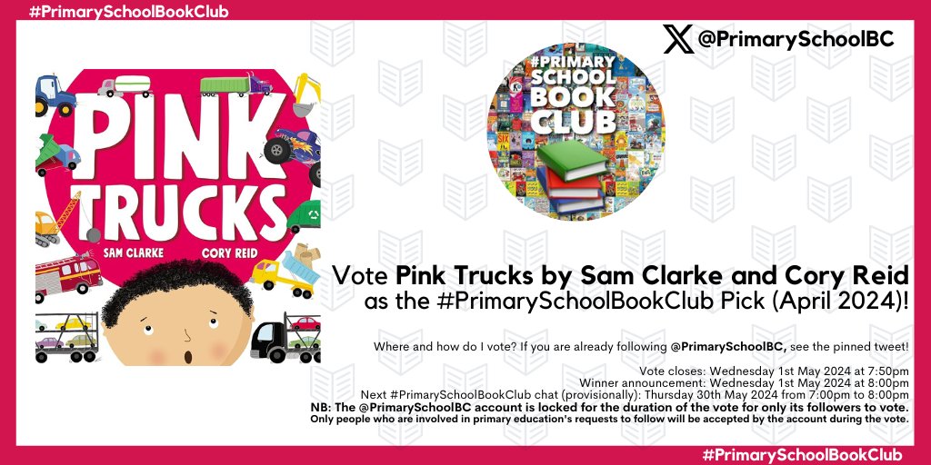 We're honoured that Pink Trucks is included in the #PrimarySchoolBookClub April 2024 vote this evening! If you were kind enough to vote for us in @PrimarySchoolBC's pinned tweet, you would be granted official Pink Trucker status - for life! Pink Trucks are for everyone!