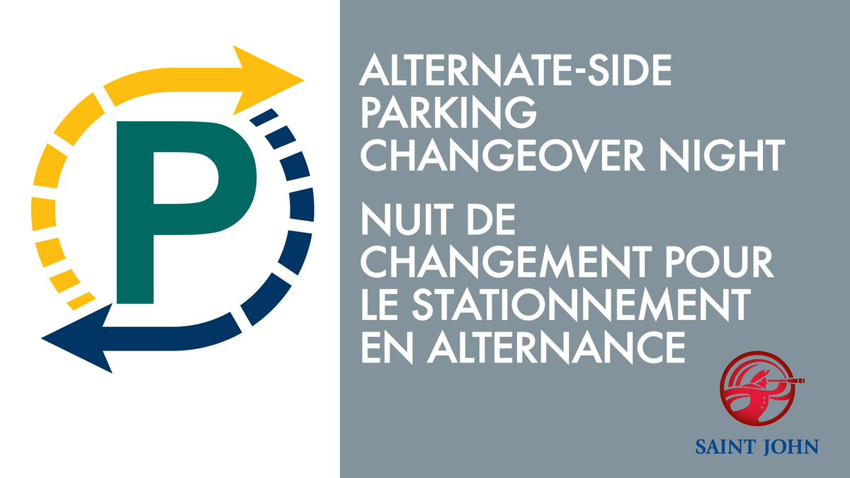 Reminder: Alternate side parking changeover takes place tonight for South Central Peninsula & specific areas located North, East & West of the City. Due to construction, on-street parking on Cliff St. is only permitted on even numbered side of the street. saintjohn.ca/en/parking/alt…