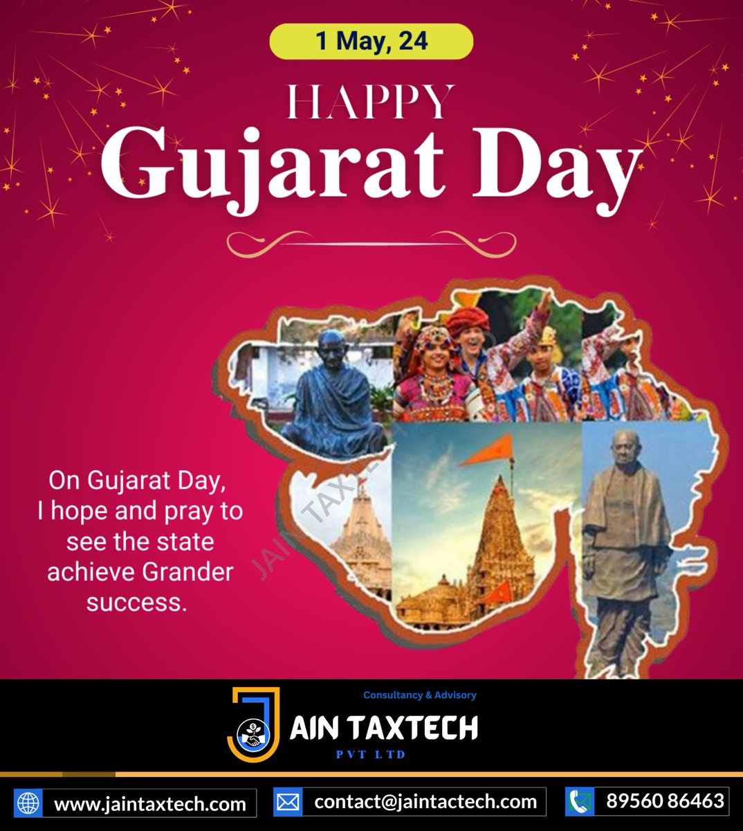 Greetings on Gujarat Day! 🎉 Celebrating the Vibrant Culture, Heritage, and Progress of Gujarat. Jain TaxTech Wishes Gujarat Prosperity and Success! 🌟🏞️ #GujaratDay #Celebrations #JainTaxTech #AccountingServices #FinancialConsulting #CAConsultancy