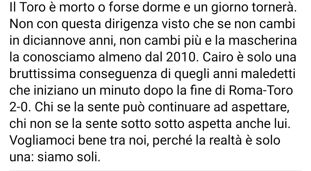 Oggi non sono stanco, ma solo pigro e quindi ecco un bello screen su una 'bella' ricorrenza che cade domani: la fine del #Toro come lo conoscevamo.  Buona lettura.