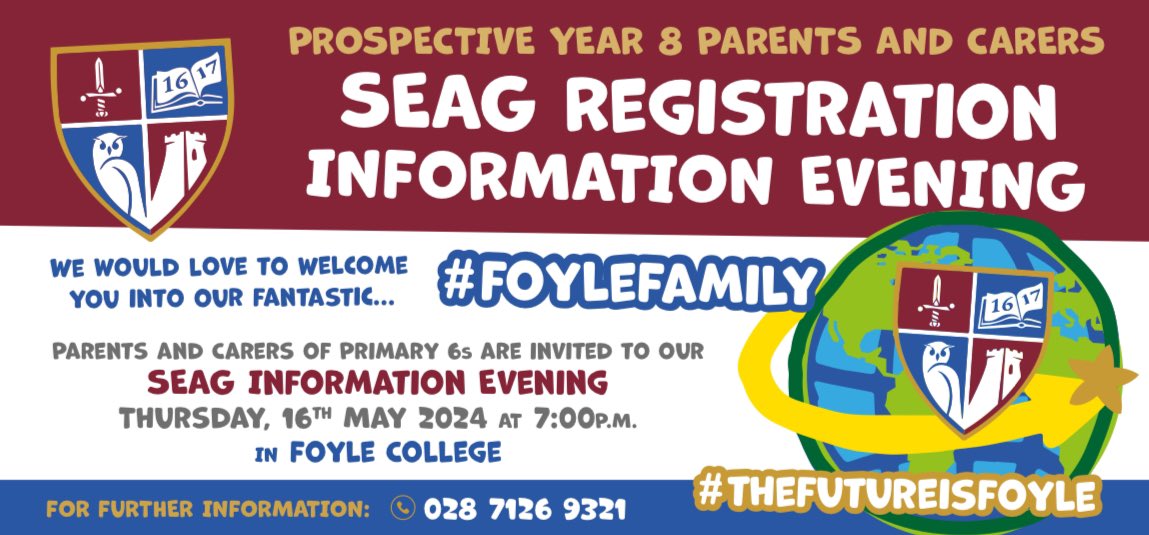 🌟Primary 6 Pupils’ Parents and Carers🌟 

Parents and Carers of Primary 6 pupils are warmly invited to our upcoming SEAG Entrance Assessment Information Evening.

📍Foyle College, 67a Limavady Road 
🗓 Thursday, 16th May 2024
🕖 7:00p.m.

#thefutureisfoyle 💫