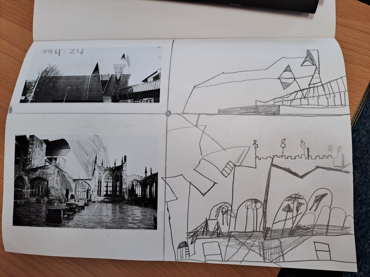 Yesterday in Art, 1P had a go at using continuous line drawing to create sketches of different buildings around Coventry @TemplarsPrimary #primaryart