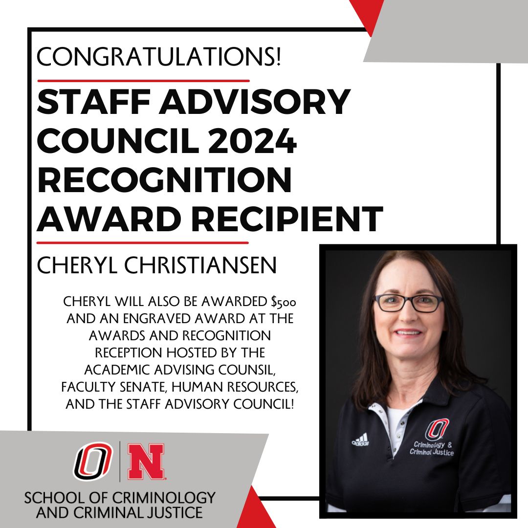 @UNO_NCJR's Cheryl Christiansen is a Staff Advisory Council 2024 Recognition Award Recipient! To honor her amazing work and dedication to UNO, she will formally receive her award on May 1, 2024, at the Awards and Recognition Reception! Congratulations Cheryl! 🎉