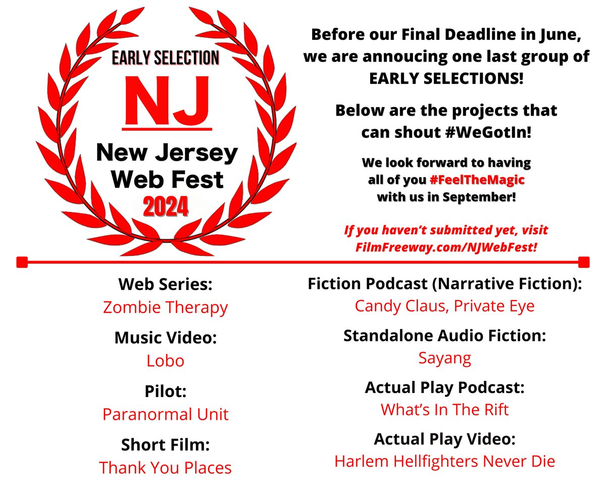 🚨 EARLY SELECTIONS! 👀 ⭐️⭐️⭐️⭐️⭐️⭐️ Visit FilmFreeway.com/NJWebFest to submit your #WebSeries, #pilot, #FictionPodcast, #ActualPlay, #MusicVideo, #ShortFilm, #trailer, or #script! ⭐️⭐️⭐️⭐️⭐️⭐️ #FilmFestival #WebFest #NewJersey #FeelTheMagic #NJWebFest