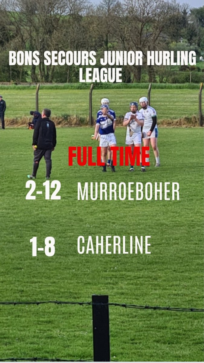Bons Secours Hospital East Junior Hurling League Full time MurroeBoher 2-12 Caherline 1-8 Well done lads, good second half in bitter cold and windy conditions 👏 👍💙💚🤍❤️