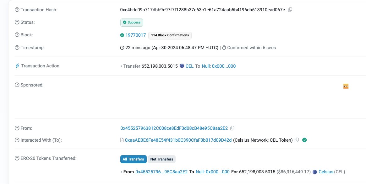 Breaking: @CelsiusNetwork just burned their entire supply!!!!!! 👀 Supply: 695,658,160 $CEL Burned: 652,198,003 $CEL etherscan.io/tx/0xe4bdc09a7… This occurred moments after the @cz_binance sentence was read.