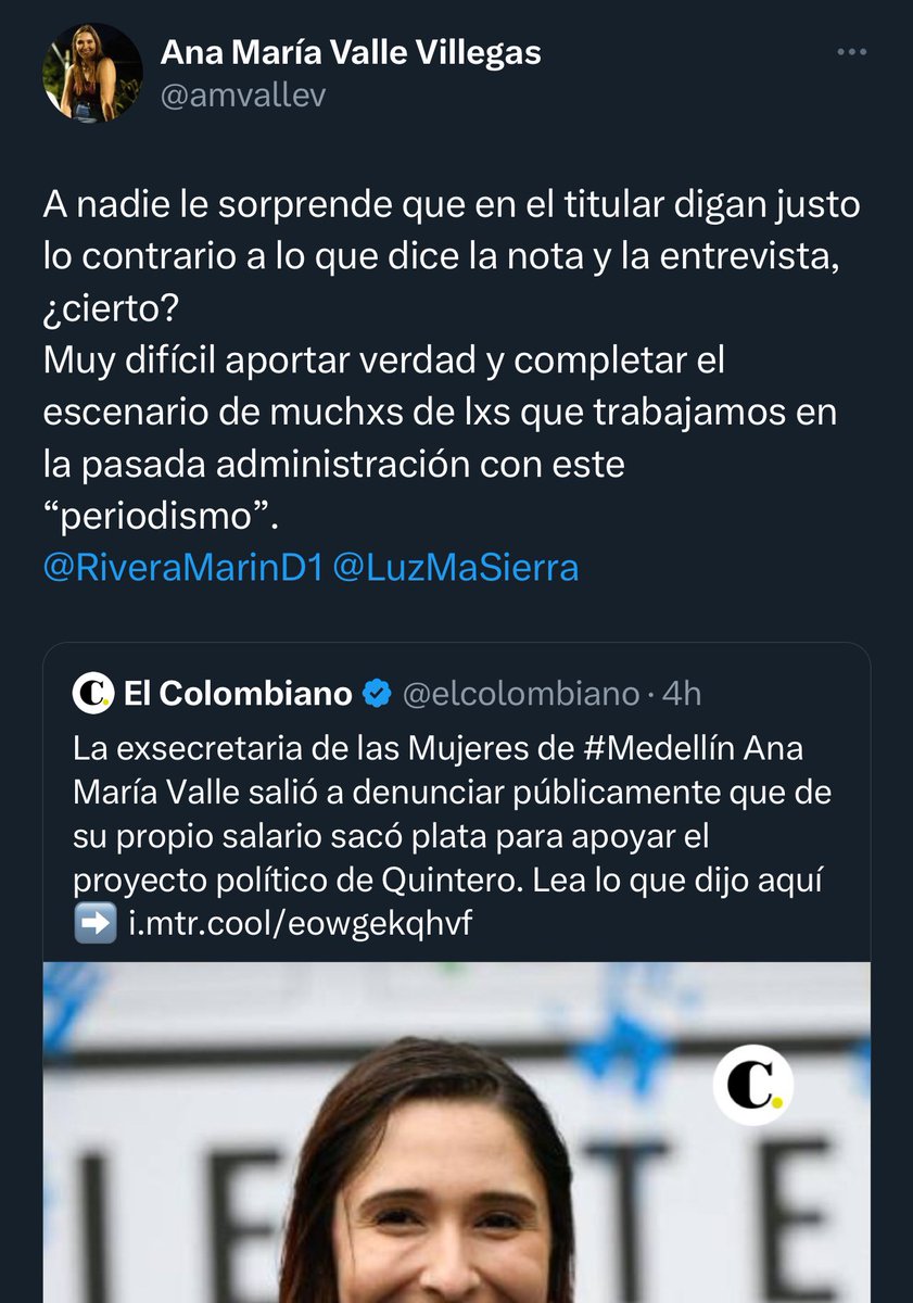 La ex secretaria dijo una cosa pero @ElColombiano y Telemedellín titularon en el sentido contrario. La llave 🔧 también es para apretar a los medios mentirosos. El primero de mayo, todos a marchar. #SomosLaLlaveDelCambio