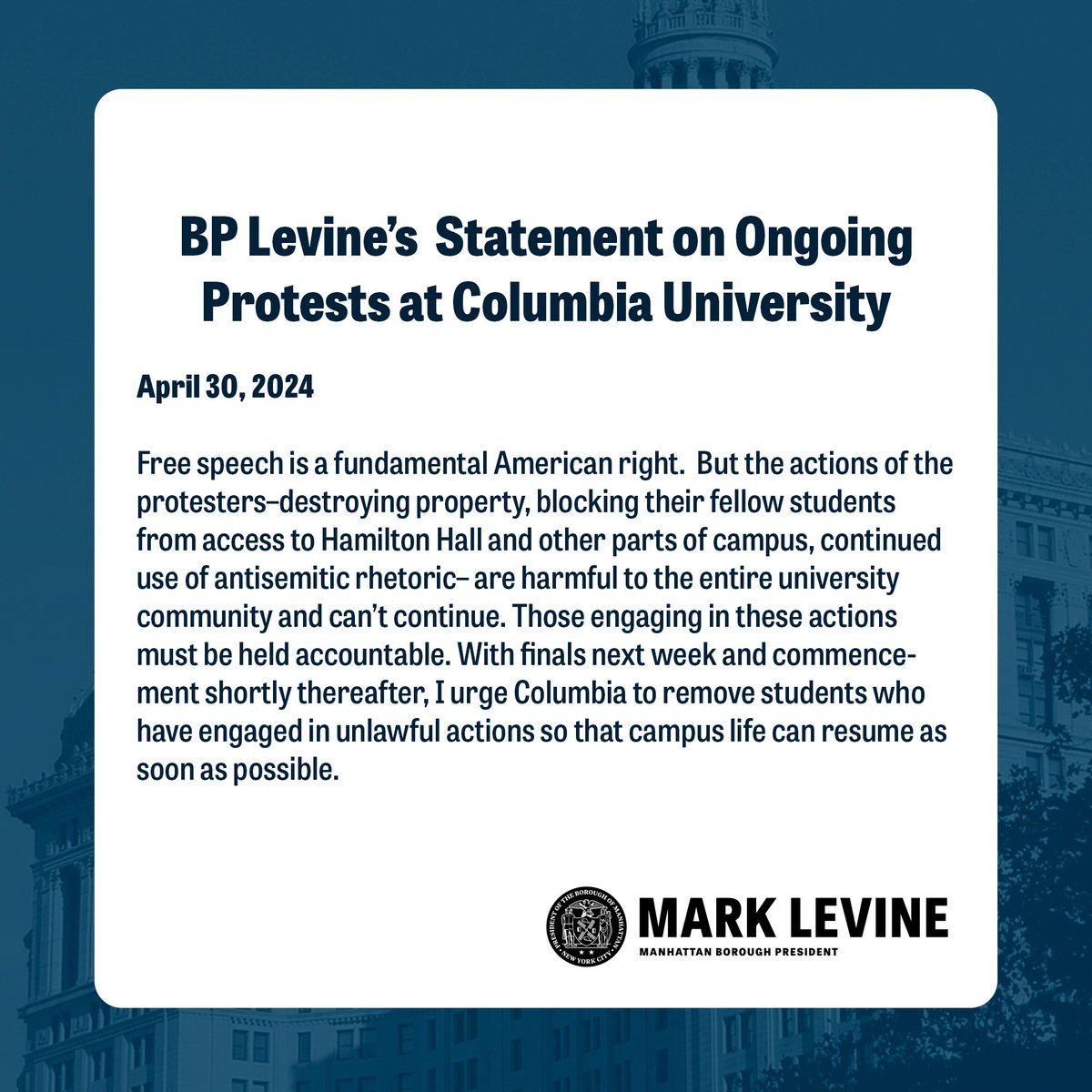 Borough President Levine's statement on ongoing protests at Columbia University.