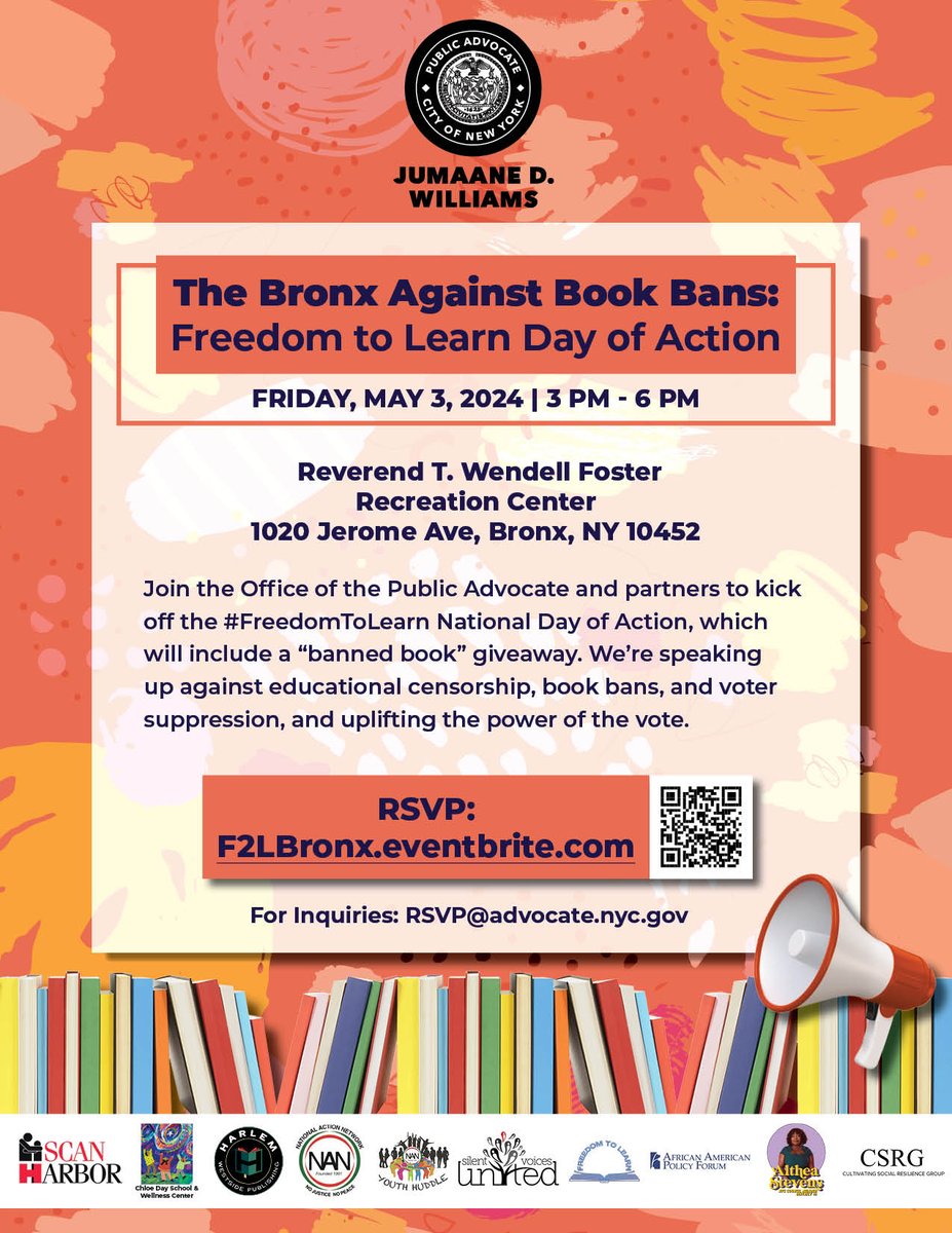 📣 FRIDAY! We're partnering with the #FreedomToLearn coalition to kick off the National Day of Action in the Bronx!

Come for the giveaway of "banned books;" stay to speak up against censorship and book bans, and celebrate the power of the vote!

📚 RSVP: F2Lbronx.eventbrite.com