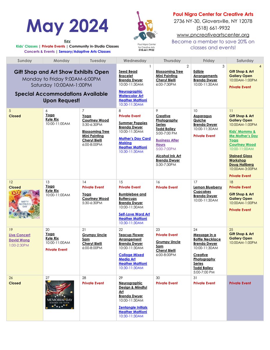 May is almost here, and with it new classes and events at the #NigraArtsCenter! Come make Mother’s Day gifts or take a variety of art classes. Don’t miss Business After Hours on May 9 or the violin concert with David Wong on May 19! For details, visit bit.ly/PNCCAEvents.